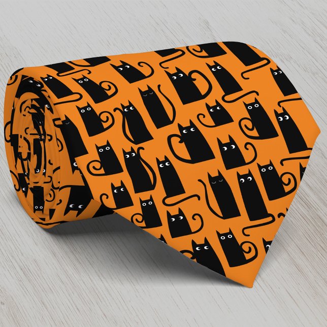 Corbata Naranja Black Cat Halloween (Fun black cat pumpkin orange Halloween neck tie for animal lovers)