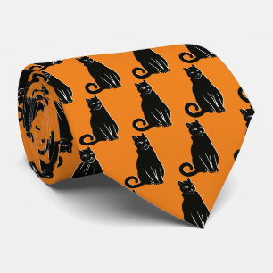 Corbata naranja de patrón de gato negro de Hallowe