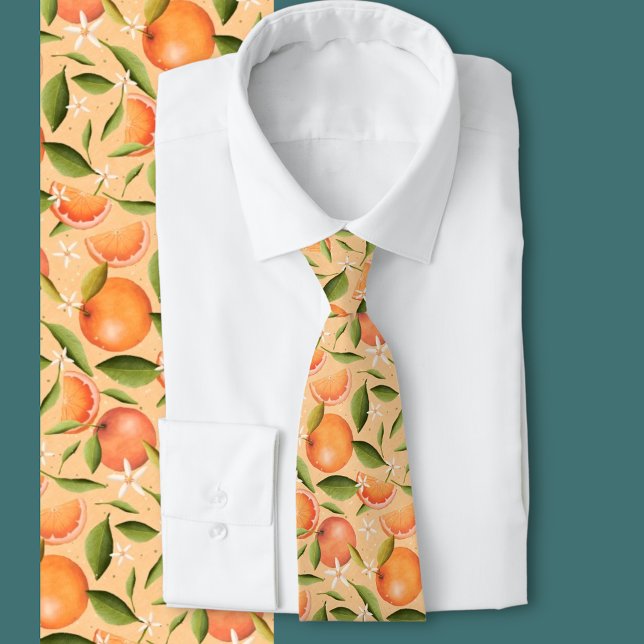 Corbata Naranja Grove (Orange fruit, leaves and blossoms on a warm peachy colored background )