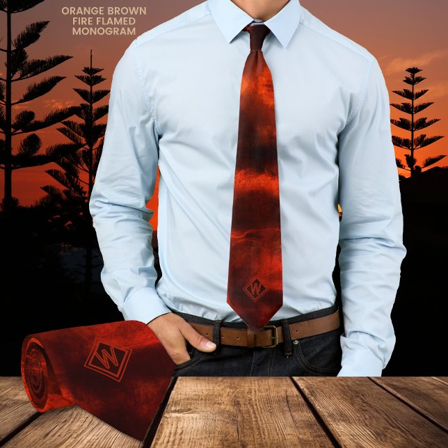 Corbata Naranja marrón flamado de fuego moderno Monograma  (Fire Flamed Orange Brown Modern Monogram Neck Tie)