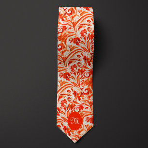 Corbata Naranja Vibrante y Floral de Crema