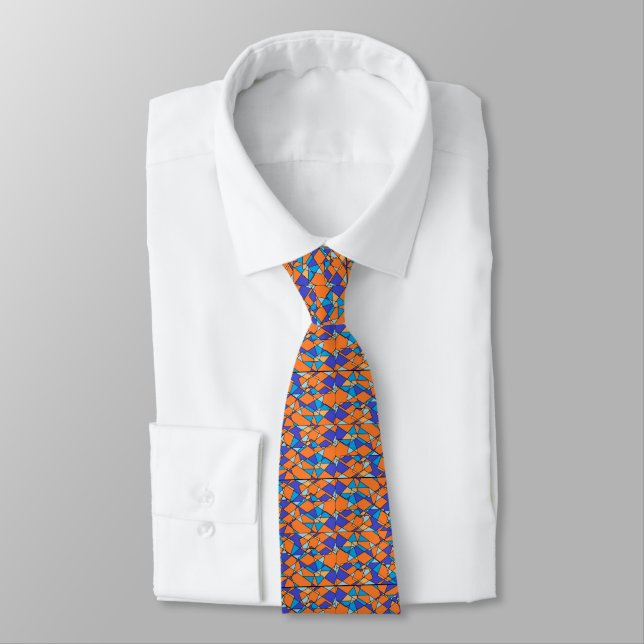 Corbata naranja y azul con patrón geométrico (Atado)