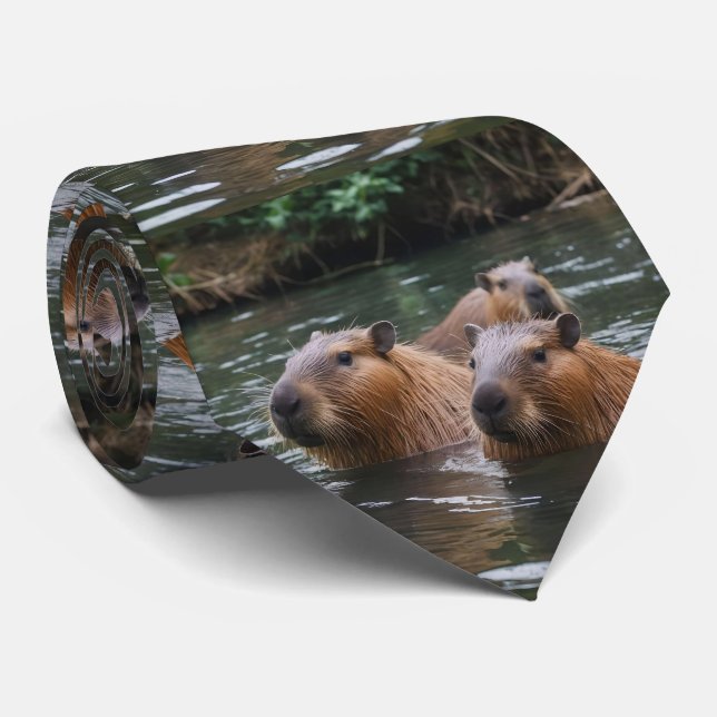 Corbata Natación De Capybaras En El Río, (Enrollado)