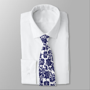 Corbata Nave-Azul y Blanco-Damascos Florales