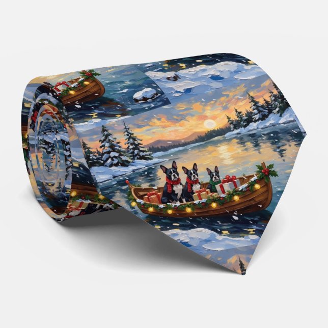 Corbata Navidad con barco de Boston Terrier (Enrollado)