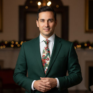 Corbata Navidad con patrón de poinsettia y acebo acuarela