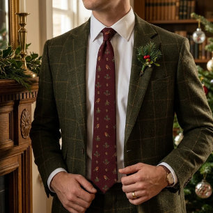 Corbata Navidad Dinero Antiguo Robin Holly Borgoña