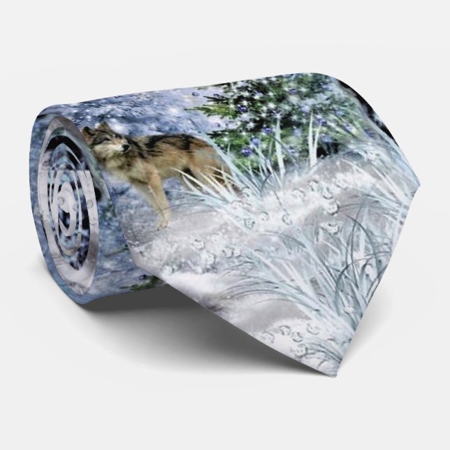 Corbata Navidad en el bosque con lobos azul para hombres (Enrollado)