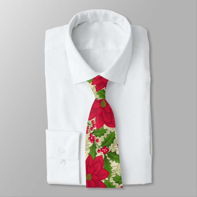 Corbata Navidad hermoso Poinsettia, acebo, rama del pino (Atado)