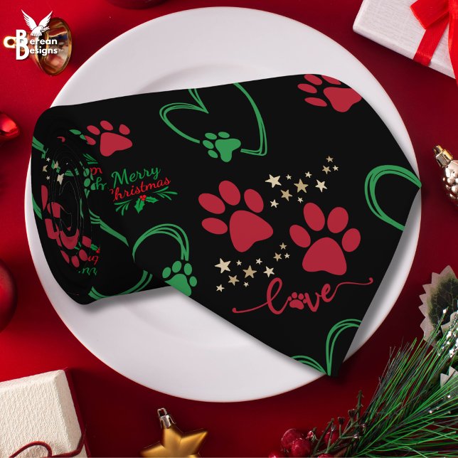 Corbata Navidad HUELLAS DE PERRO y CORAZONES DE AMOR (Merry Christmas festive dog paw print tie for proud dog dad.)