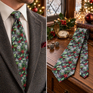 Corbata Navidad Rústica Acebo Bayas Botánico Vintage