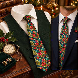 Corbata Navidad Victoriana Vintage Acebo Bayas Rojas
