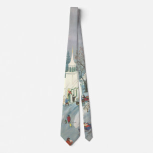Corbata Navidad Vintage, gente yendo a la iglesia en la ni