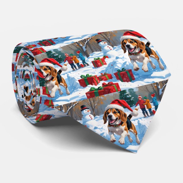 Corbata Navidades Beagle en escena de nieve festiva (Enrollado)