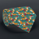 Corbata Navidades con patrones de zorros festivos<br><div class="desc">Se propaga la alegría de las vacaciones con esta linda corbata de cuello que muestra a ilustraciones de adorables zorros festivos usando sombreros de Santa y coronas de Navidad y llevando ornamentos y medias de Navidades. Los ilustraciones están situados en un fondo verde azulado oscuro y acentuados con hojas y...</div>