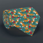 Corbata Navidades con patrones de zorros festivos<br><div class="desc">Se propaga la alegría de las vacaciones con esta linda corbata de cuello que muestra a ilustraciones de adorables zorros festivos usando sombreros de Santa y coronas de Navidad y llevando ornamentos y medias de Navidades. Los ilustraciones están situados en un fondo verde azulado oscuro y acentuados con hojas y...</div>