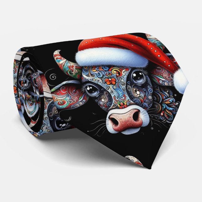 Corbata Navidades Cow Bull con Santa Hat Gorra folclórico  (Enrollado)