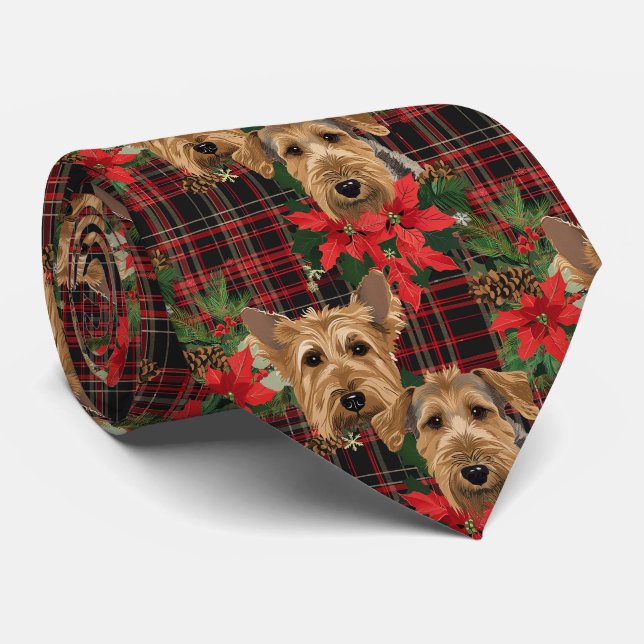 Corbata Navidades de Airedale Plantan Patrón Verde Rojo (Enrollado)