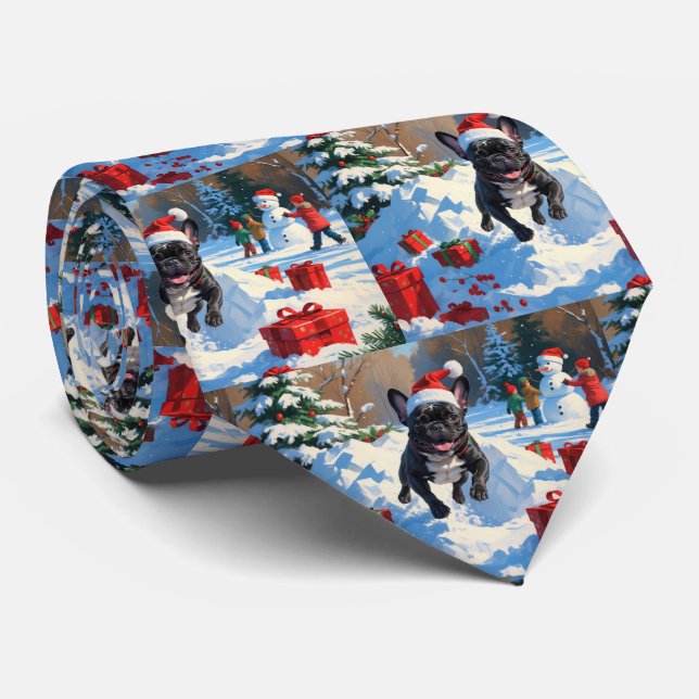 Corbata Navidades de Bulldog de Francia negra celebran esc (Enrollado)