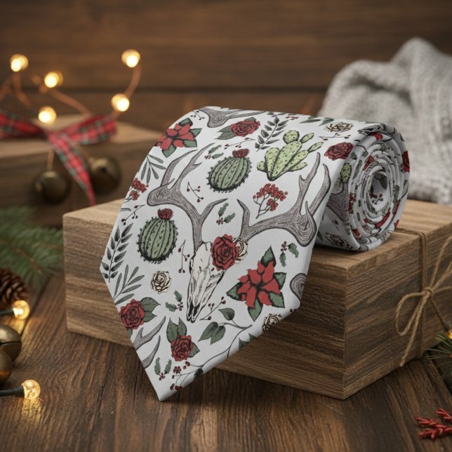 Corbata Navidades de los países rojos y verdes (Trendy Light Gray Reindeer Skull Country Christmas Tie for Him. Gothic Skull Antlers Red Poinsettias)