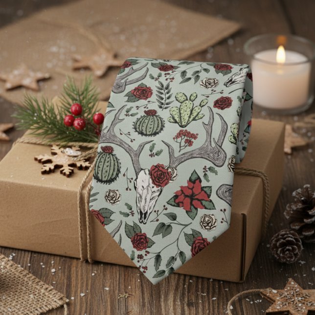 Corbata Navidades de los países rojos y verdes (Sage Green Country Christmas Men's Tie. Xmas Reindeer Skull, Antlers, Red Poinsettias, Cacti Pattern)