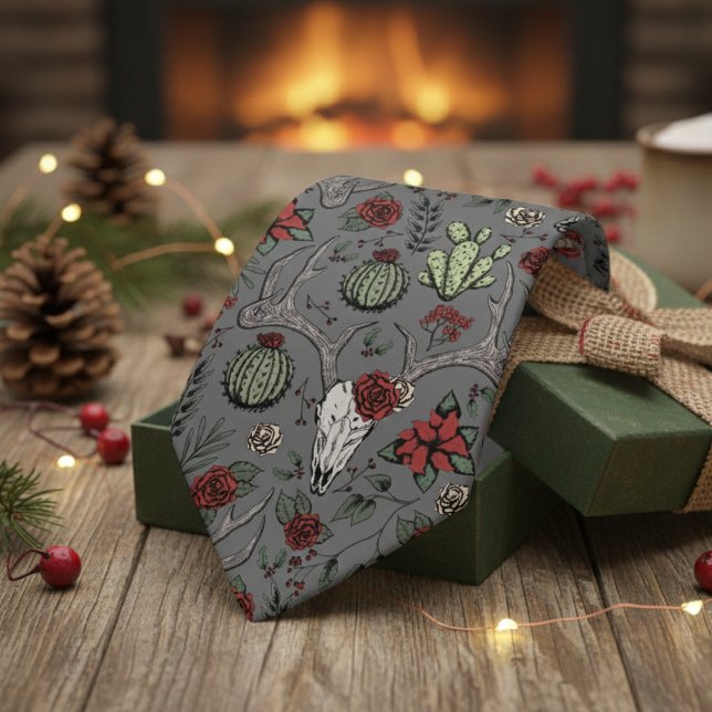 Corbata Navidades de los países rojos y verdes (Dark Gray Country Christmas Men's Tie. Xmas Reindeer Skull, Antlers, Red Poinsettias, Cacti Pattern)