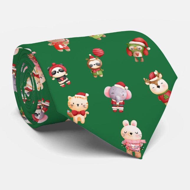Corbata Navidades dulces y adorables Animales bebés verdes (Enrollado)
