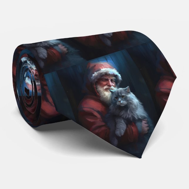 Corbata Navidades festivos del gato azul ruso Santa Claus (Enrollado)