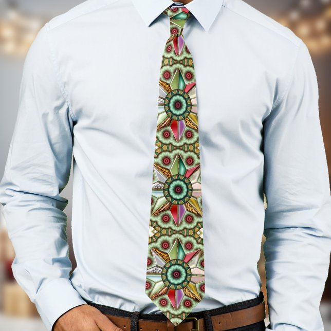 Corbata Navidades geométricos Estrella Diseño (Christmas tie with an abstract art geometric star design in greens with colorful touches)