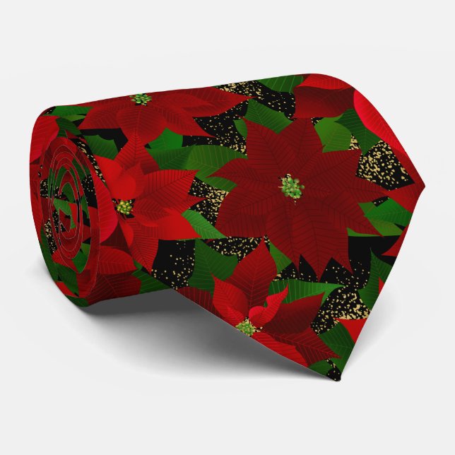 Corbata Navidades negros de Poinsettia Roja (Enrollado)