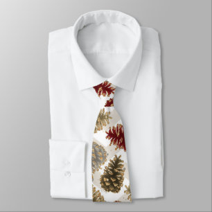 Corbata Navidades oro rojo lujo Pine Cone Pattern