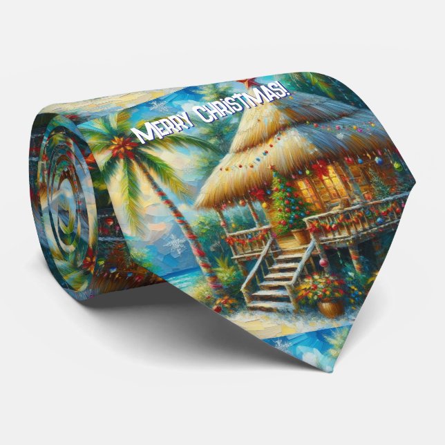 Corbata Navidades Tropical Hut Palm Tree Coastera (Enrollado)