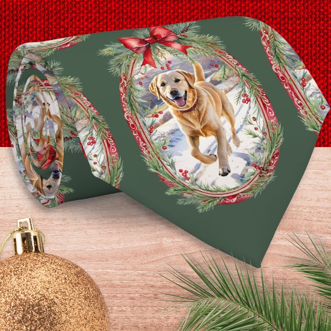 Corbata Navidades verdes festivos del patrón fotográfico M (A festive Christmas necktie to customize with your own pet dog photo on a green background)