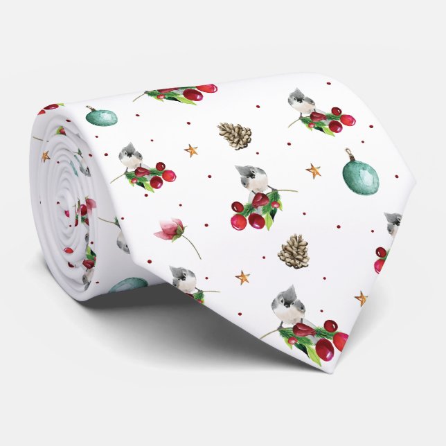 Corbata Navidades Winter Bird Tufted Titmouse Pattern (Enrollado)