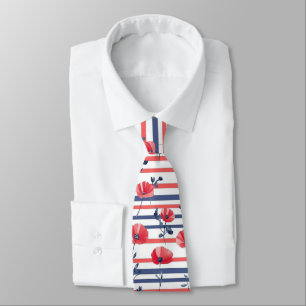 Corbata Navy Blanco Raya Rojo Amapola Floral Costera