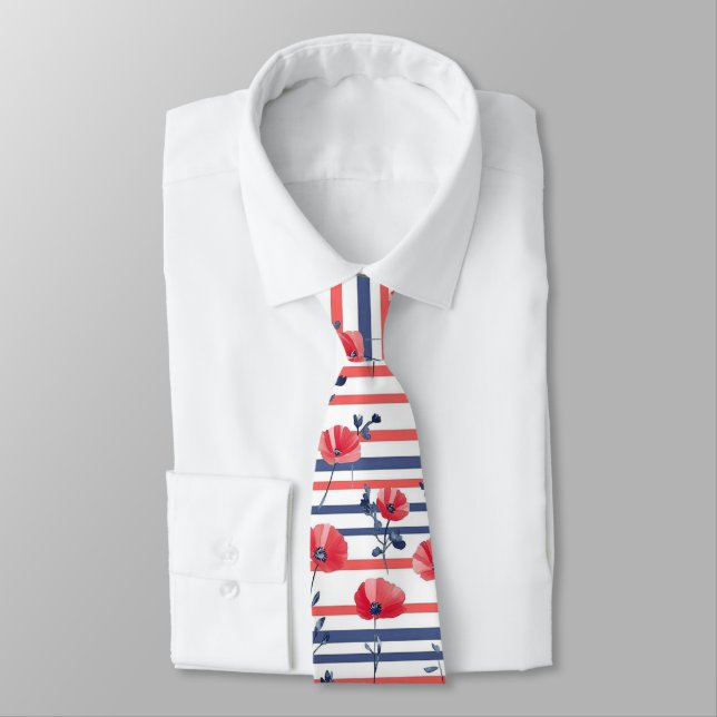 Corbata Navy Blanco Raya Rojo Amapola Floral Costera (Atado)