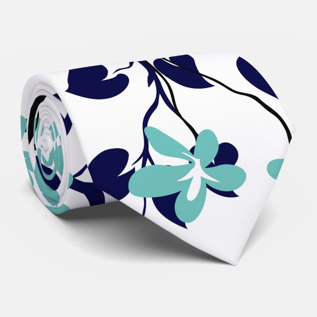 Corbata Navy blue and black branch, light teal flowers (Enrollado)