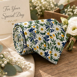 Corbata Navy Daisy y Floral Mostaza