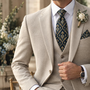 Corbata Navy Oro Fleur de Lis Barroco Damask