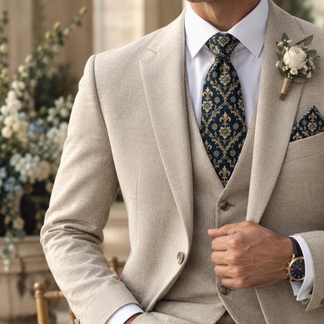 Corbata Navy Oro Fleur de Lis Barroco Damask (Subido por el creador)