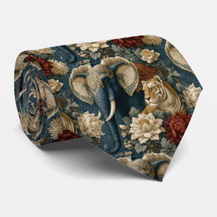 Corbata Navy Vintage Elefante y Tigre de Chintz Carmesí