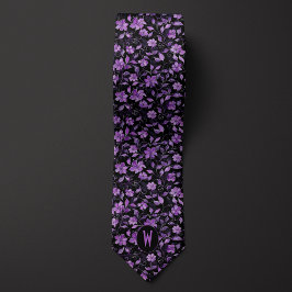 Corbata negra con estampado floral morado