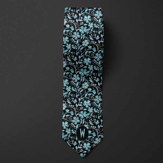 Corbata negra con estampado floral turquesa (Subido por el creador)