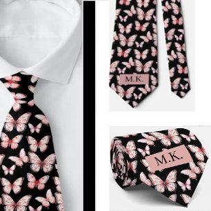 Corbata Negra con Mariposas Rosadas y Iniciales Pe