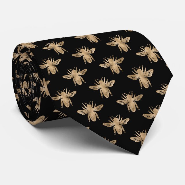 Corbata negra elegante con abeja de oro para hombr (Enrollado)