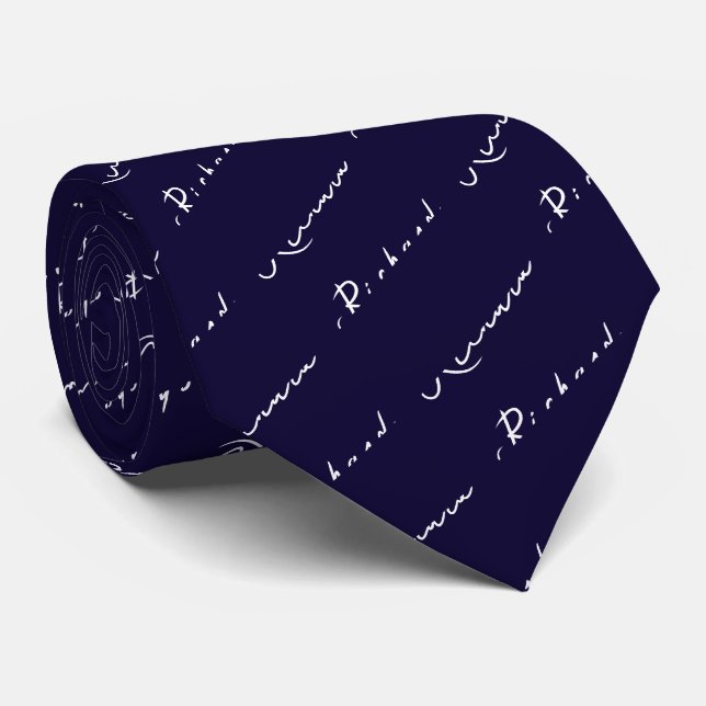 Corbata negra y blanca con patrón de nombre (Enrollado)