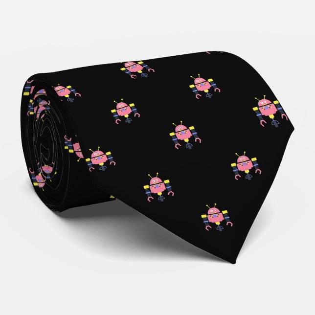 Corbata Negro con estampado de robots rosas (Enrollado)