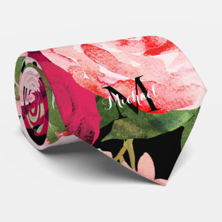 Corbata Negro rosado monogramado elegante floral