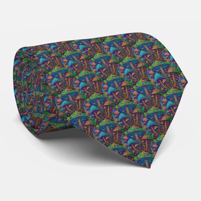 Corbata Neón Psicodélico - Patrón de Hongos (Enrollado)