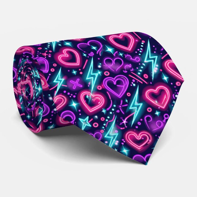 Corbata Neon Valentine Hearts Seamless Pattern Modern Love (Enrollado)